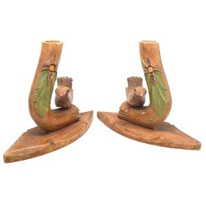 30s Pair Hand Carved Wood Bird Candlesticks German